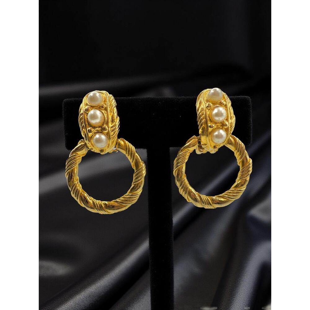 Vintage Gold Tone Faux Pearl Doorknocker Clip-On Earrings